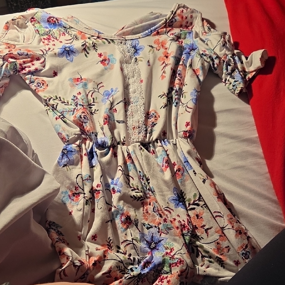 Magenta Cream Floral Casual Girls Dress with Blue and Pink Flowers